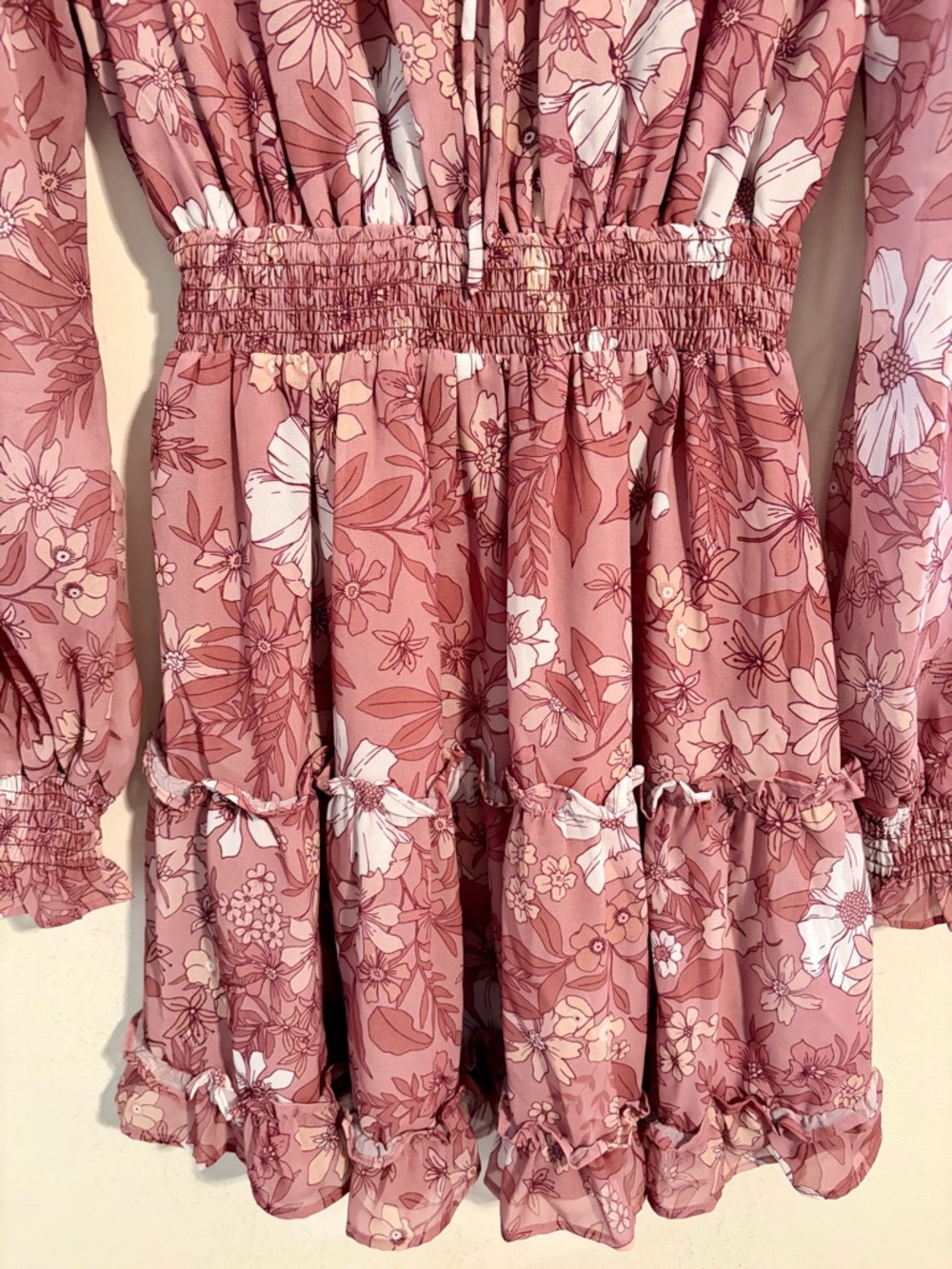 Peach Love California Floral Tie-Neck Elastic Waist Dress in Dusty Rose Sz Large - Picture 6 of 16